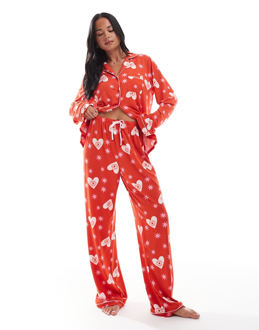 Super soft jersey revere top and wide leg pyjama set in red starry eyes print