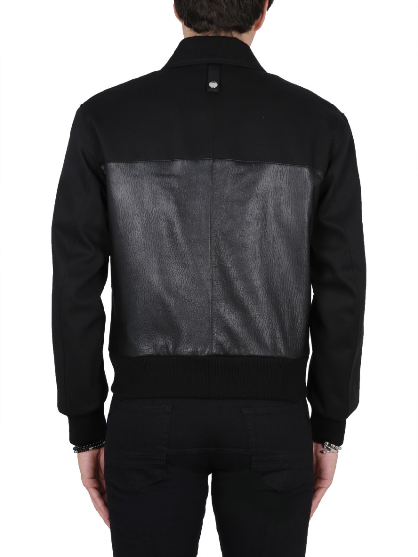 Black Leather And Fabric Bomber Jacket