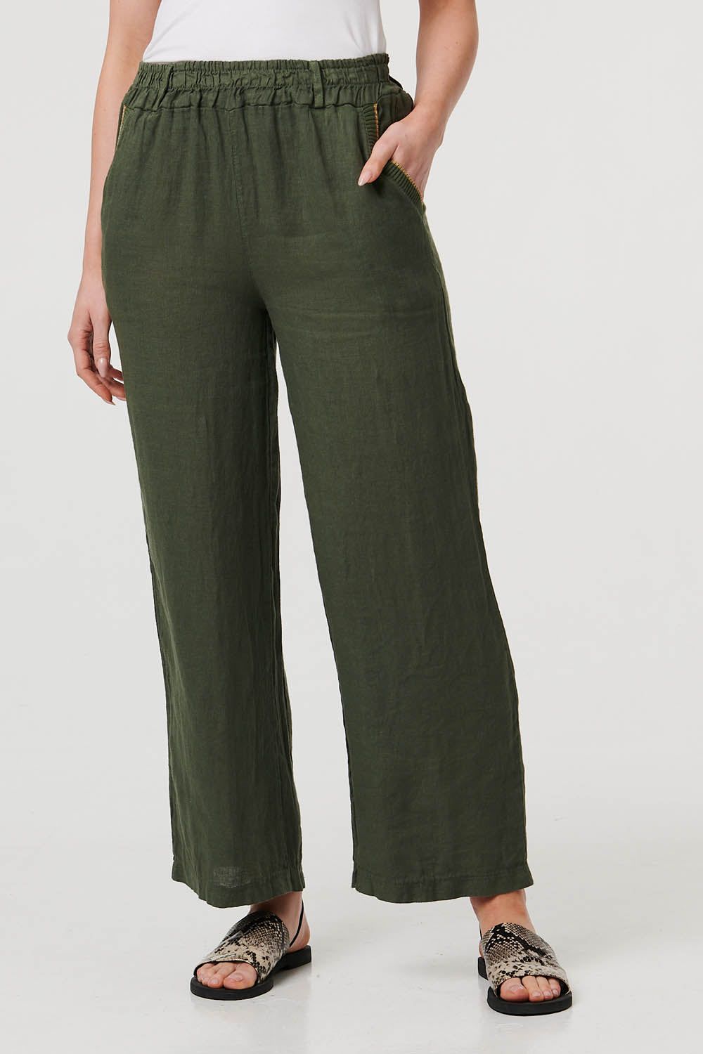 Izabel London Women's High Waist Wide Ankle Length Trousers in Khaki