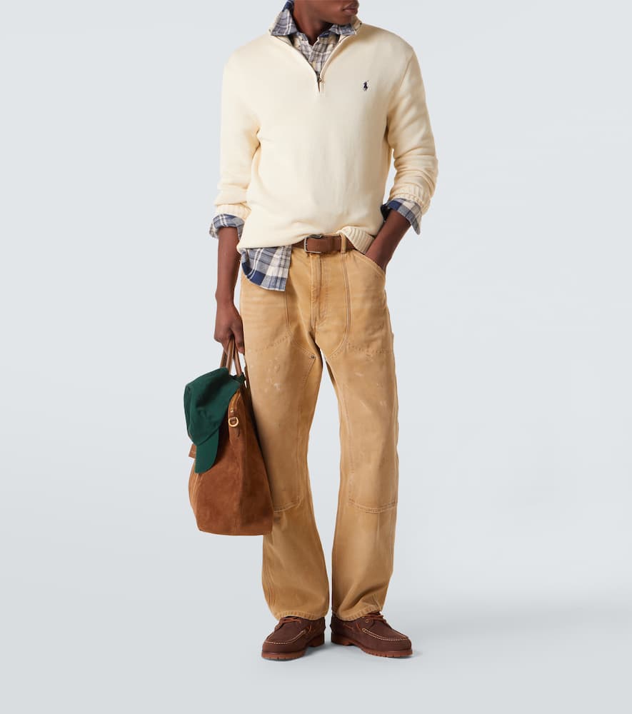 Distressed cotton canvas straight pants