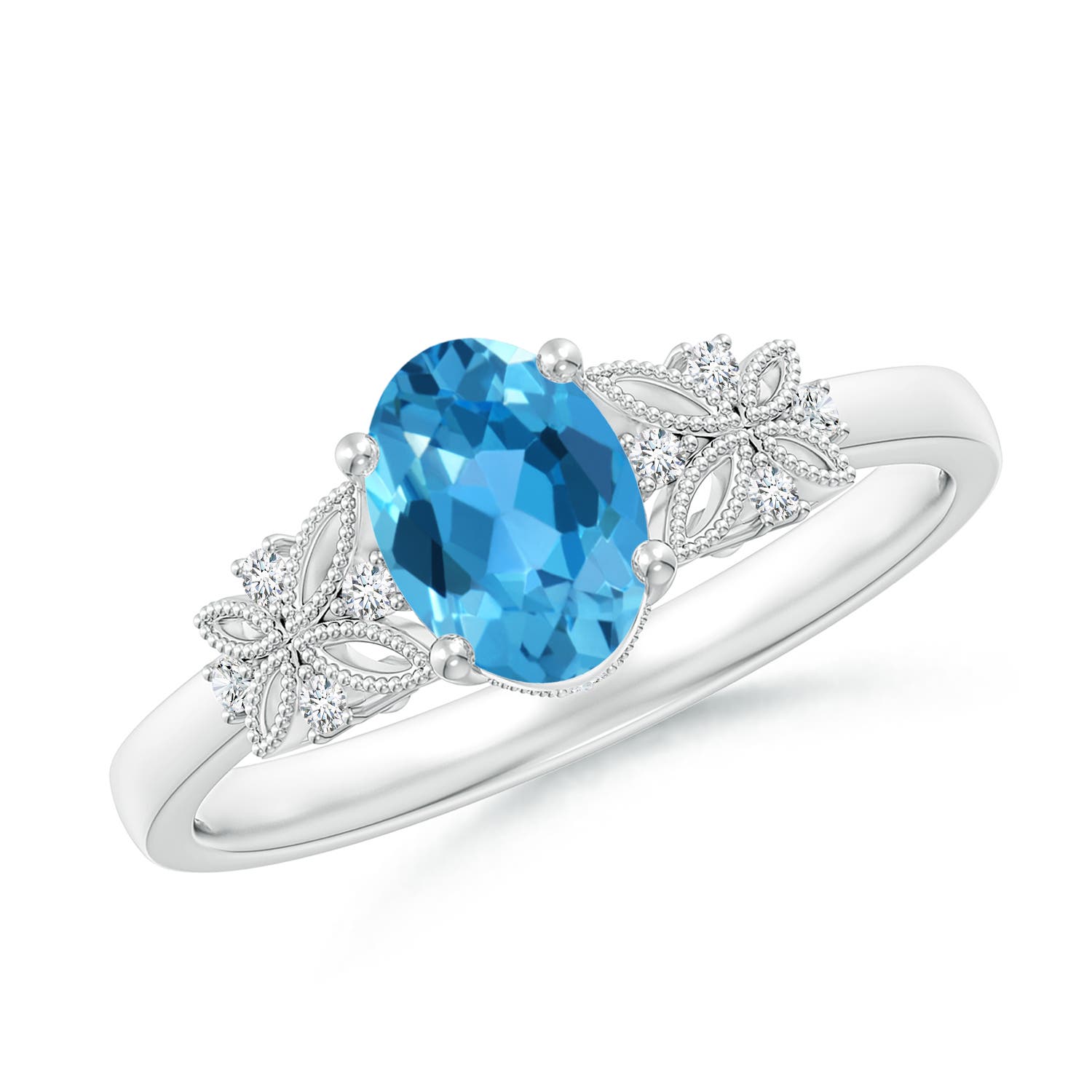 Angara 0.95 Carat Vintage Style Oval Swiss Blue Topaz Ring with Diamonds in Platinum