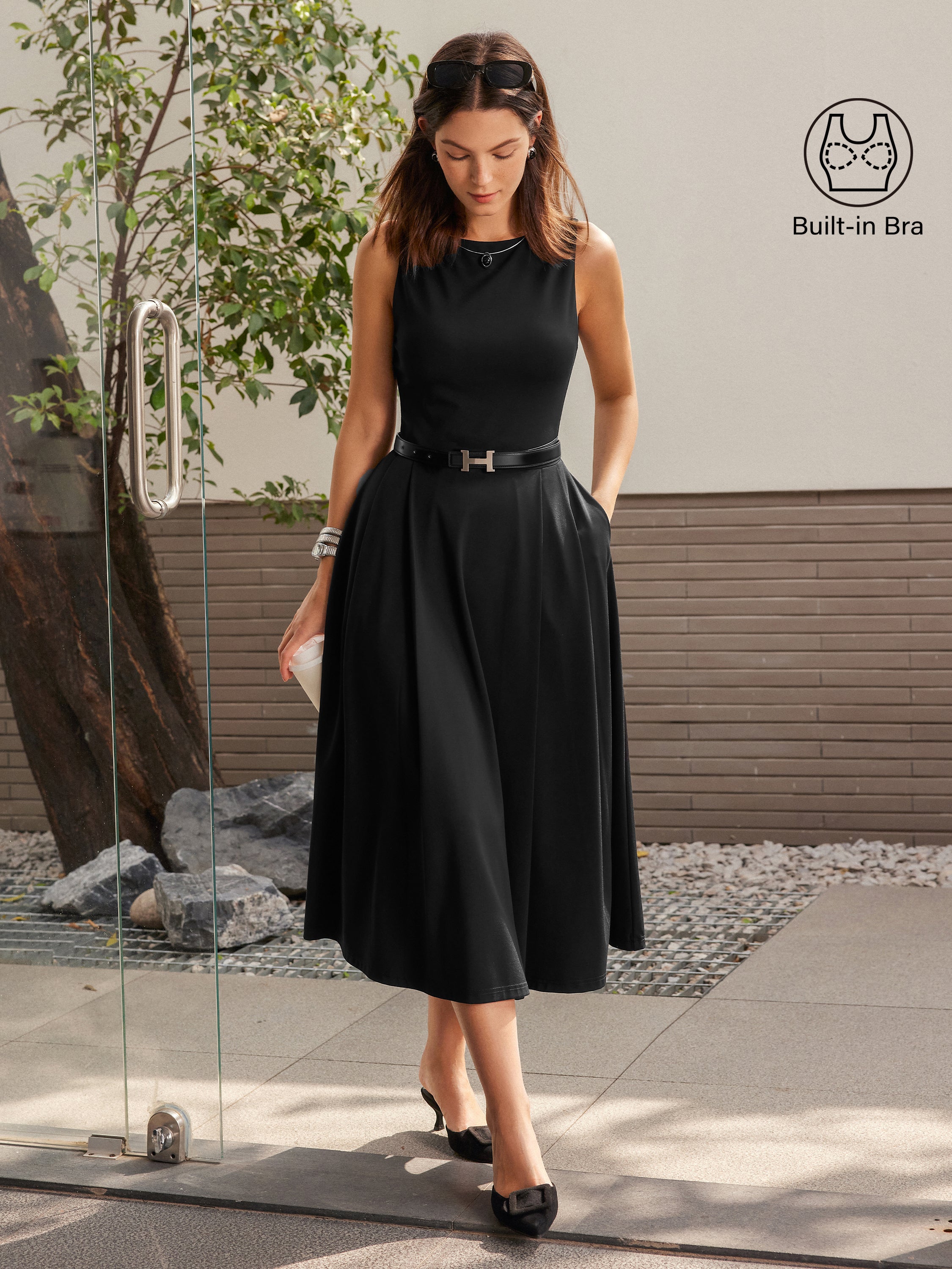 Boatneck Bamboo Ponte Brami Midi Dress with Pockets - Black