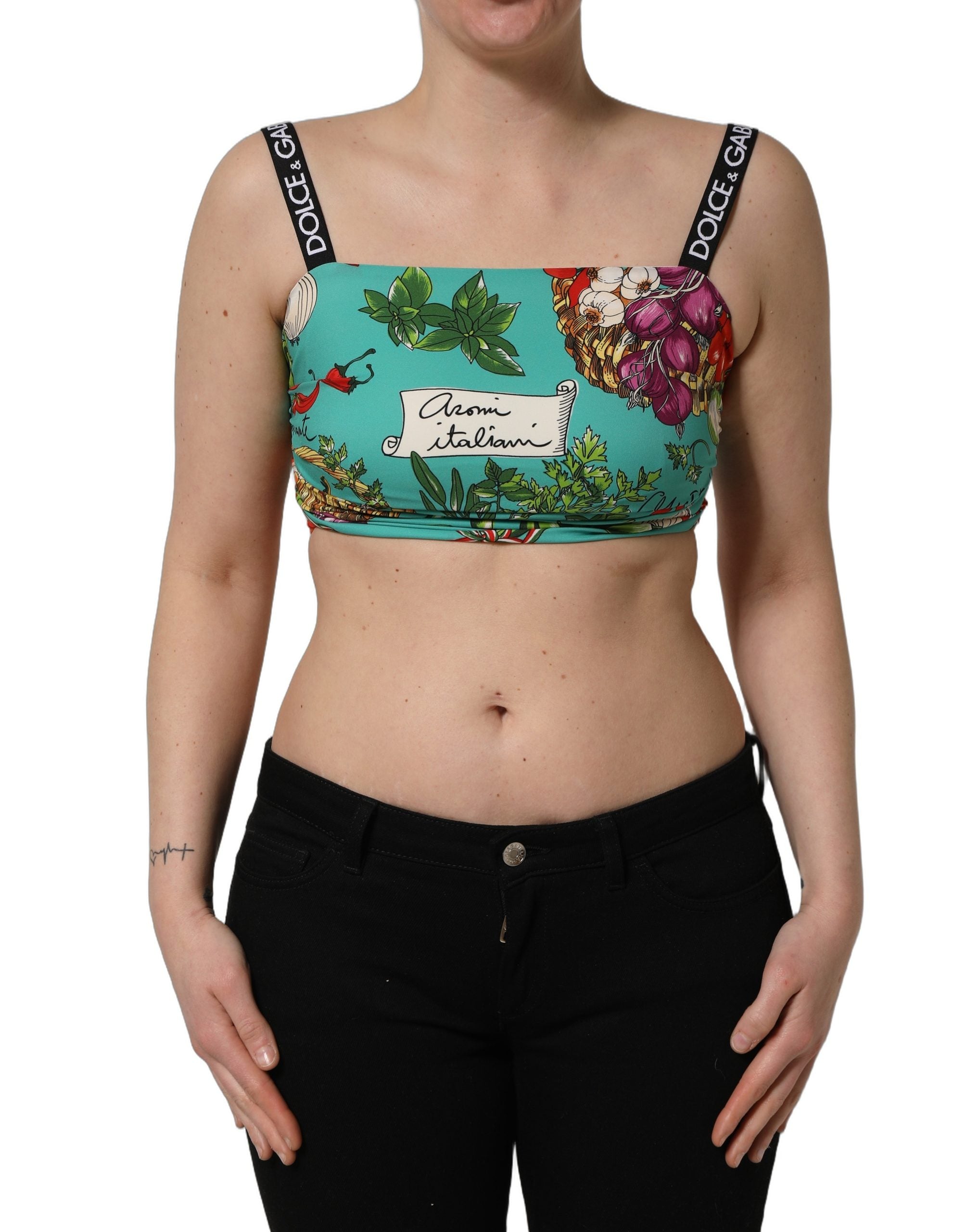 Vegetable-Print Silk Crop Tank Top — Turquoise