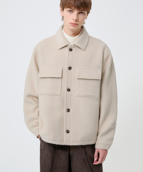 Wool Elbow Patch Two Pocket Button Jacket_Cream