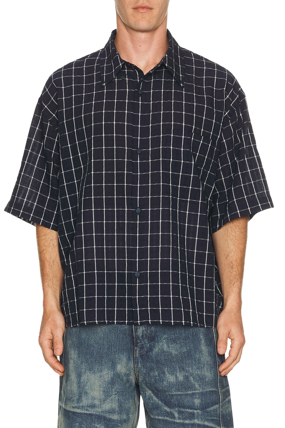 Won Hundred Maza Check Short Sleeve Shirt in Navy Blue - Navy. S also in M, L, XL/1X
