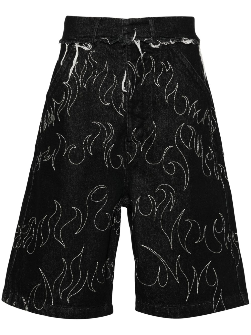Flame-embroidered denim shorts - Black