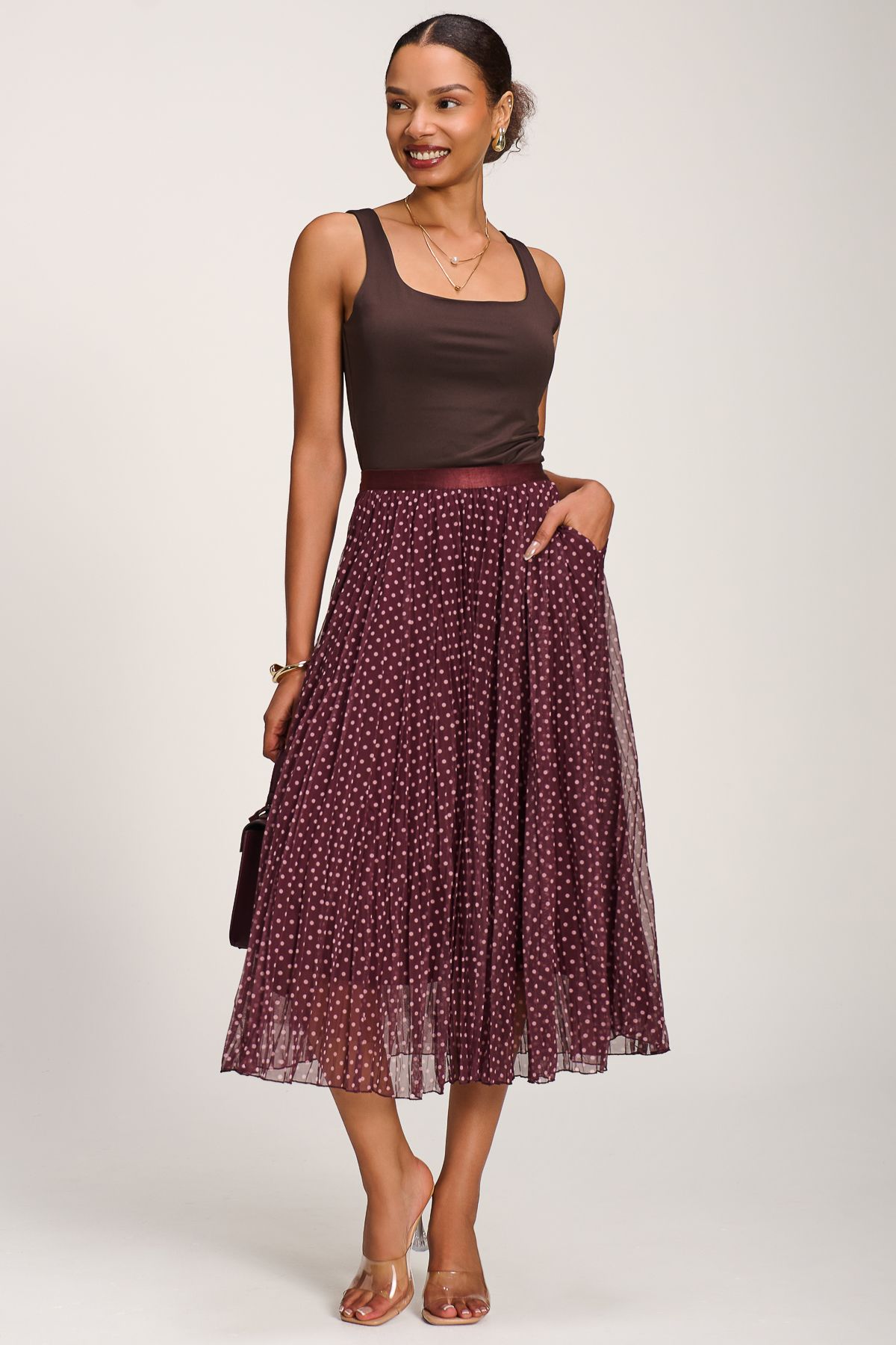 Jolie Moi Women's Print Crinkle Mesh Midi Skirt in Burgundy