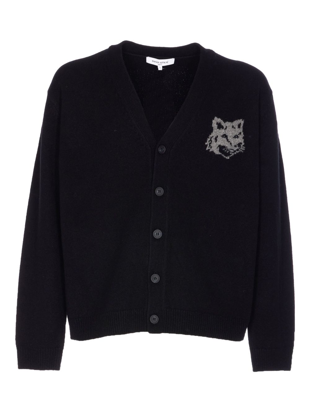 Fox-Head Intarsia Wool Cardigan — Black