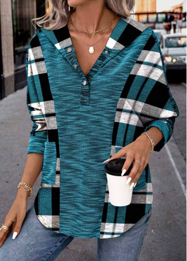 Modlily Peacock Blue Patchwork Plaid Long Sleeve Hoodie