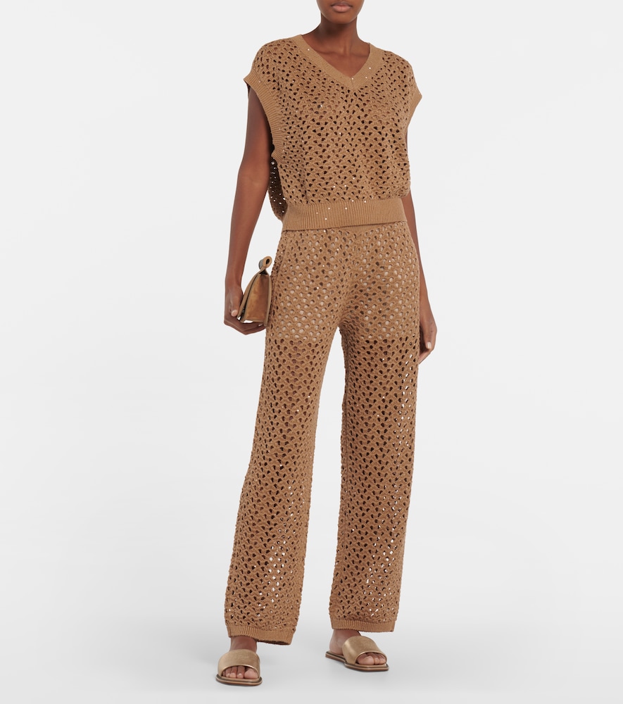 Open-knit cotton, linen and silk top