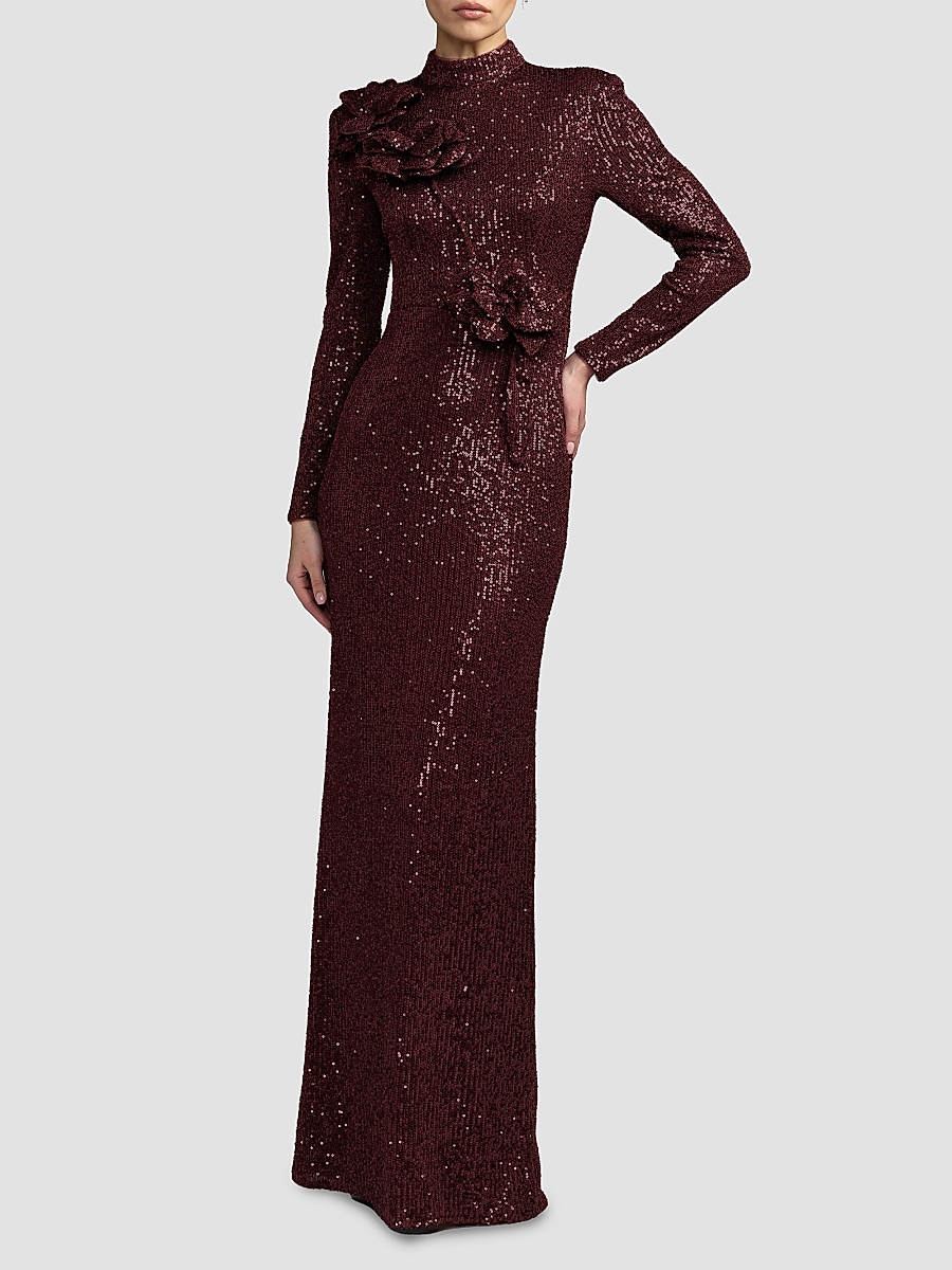 Women's Floral Sequined Mock Turtleneck Gown - Mahogany