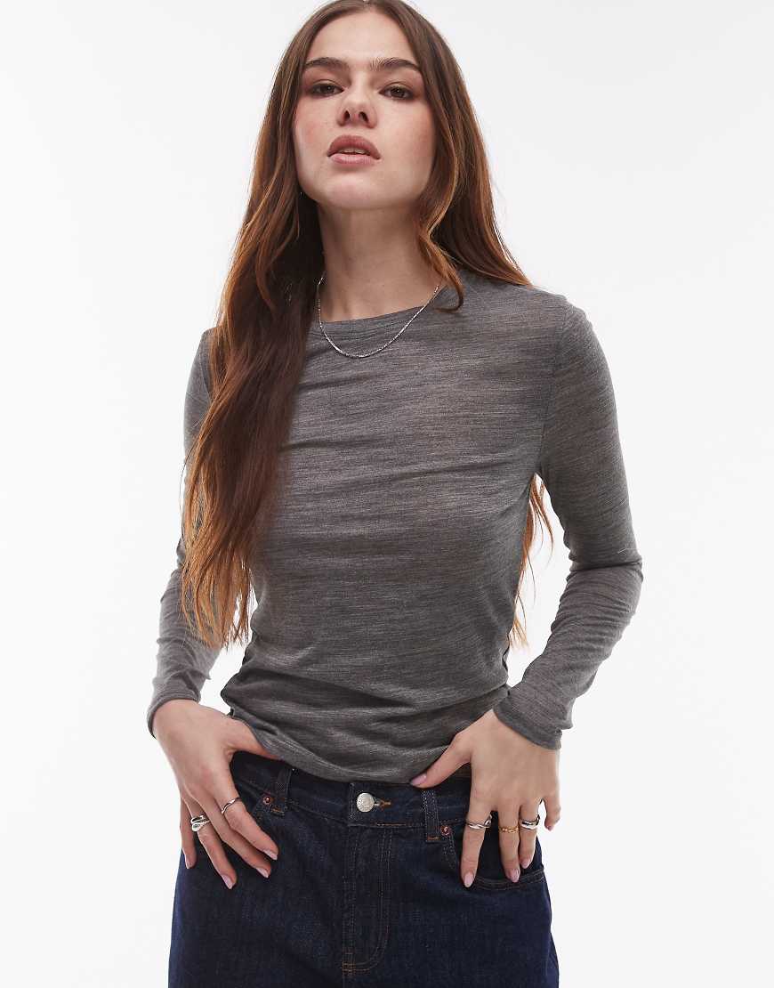 Wool mix long sleeve top in dark grey marl