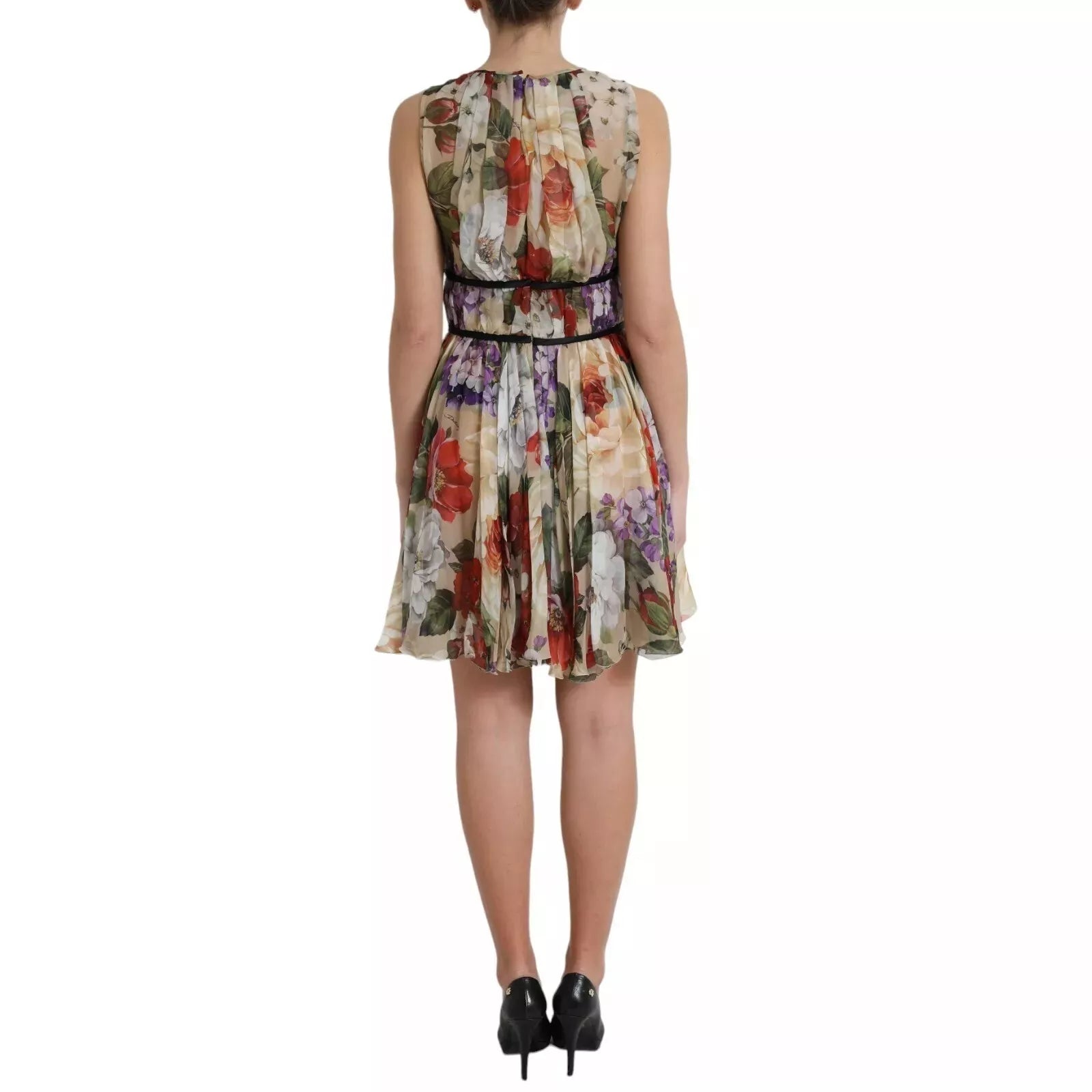 Floral Silk A-Line Dress — Beige