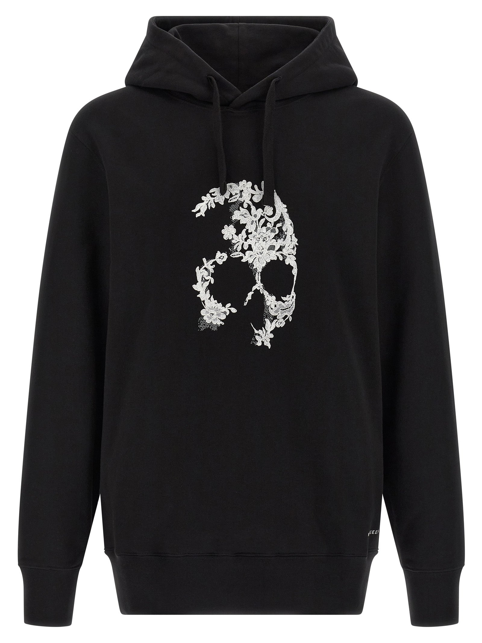 Digital Lace Skull-Print Cotton Hoodie — Black