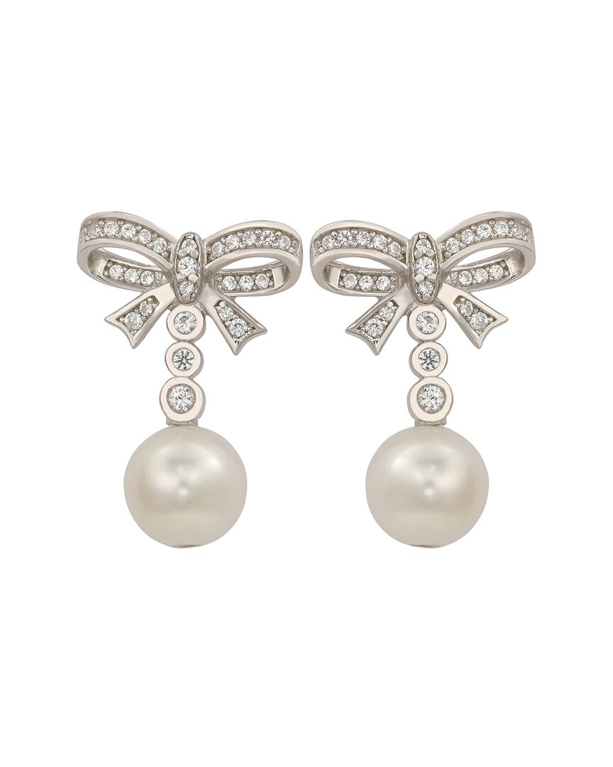Silver Created White Sapphire & 8Mm Pearl Bow Earring