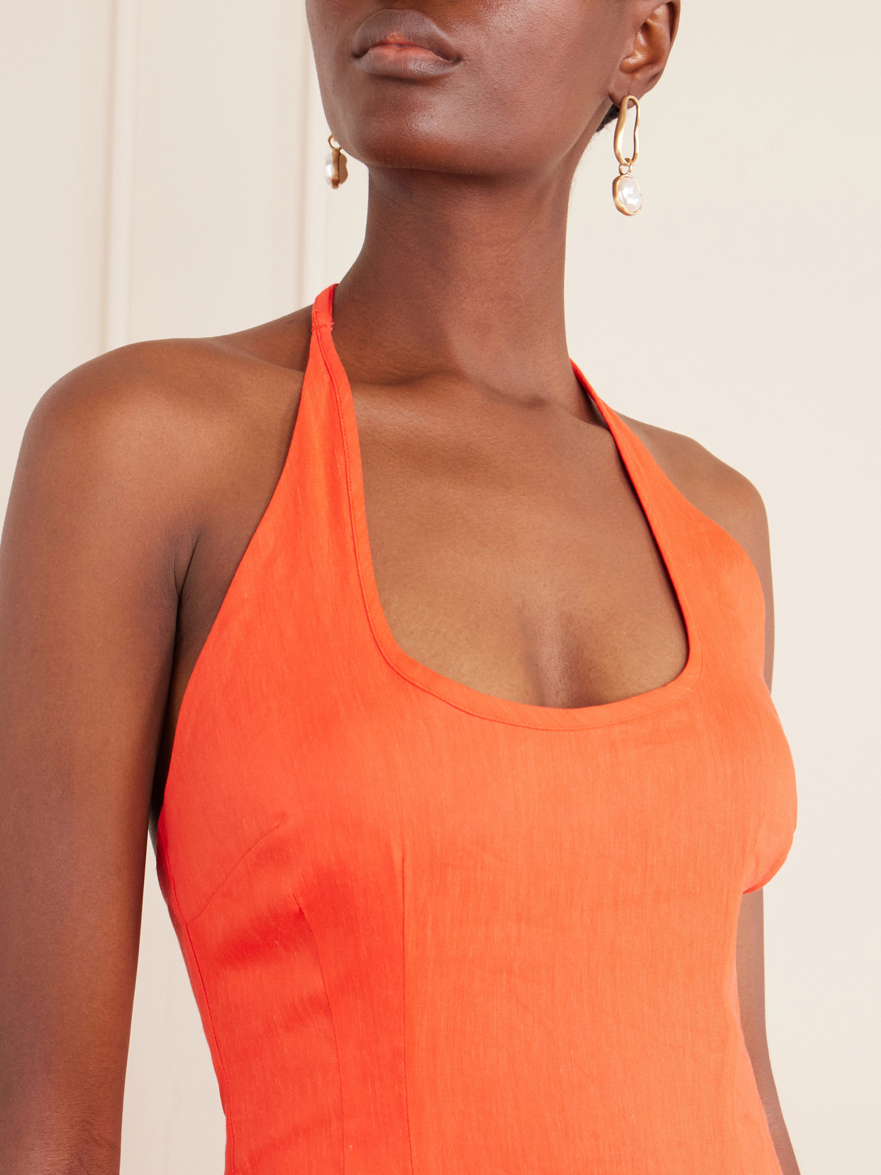 Elodie Linen-blend Halterneck Midi Dress - Orange