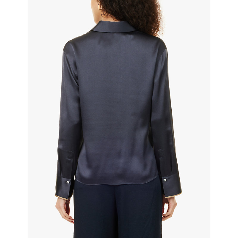 Womens Graphite Contrast-tipping Long-sleeve Silk Shirt S