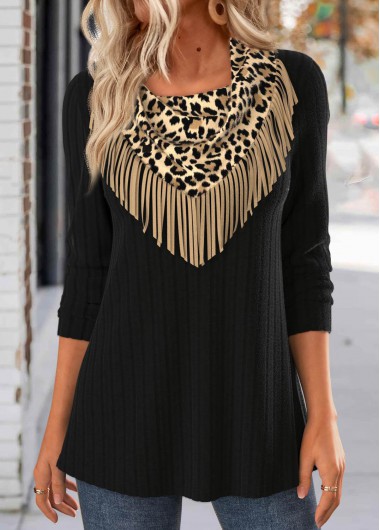Modlily Black Tassel Leopard Long Sleeve T Shirt