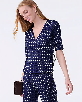 Ann Taylor Petite Dotted Tie Waist Knit Wrap Top