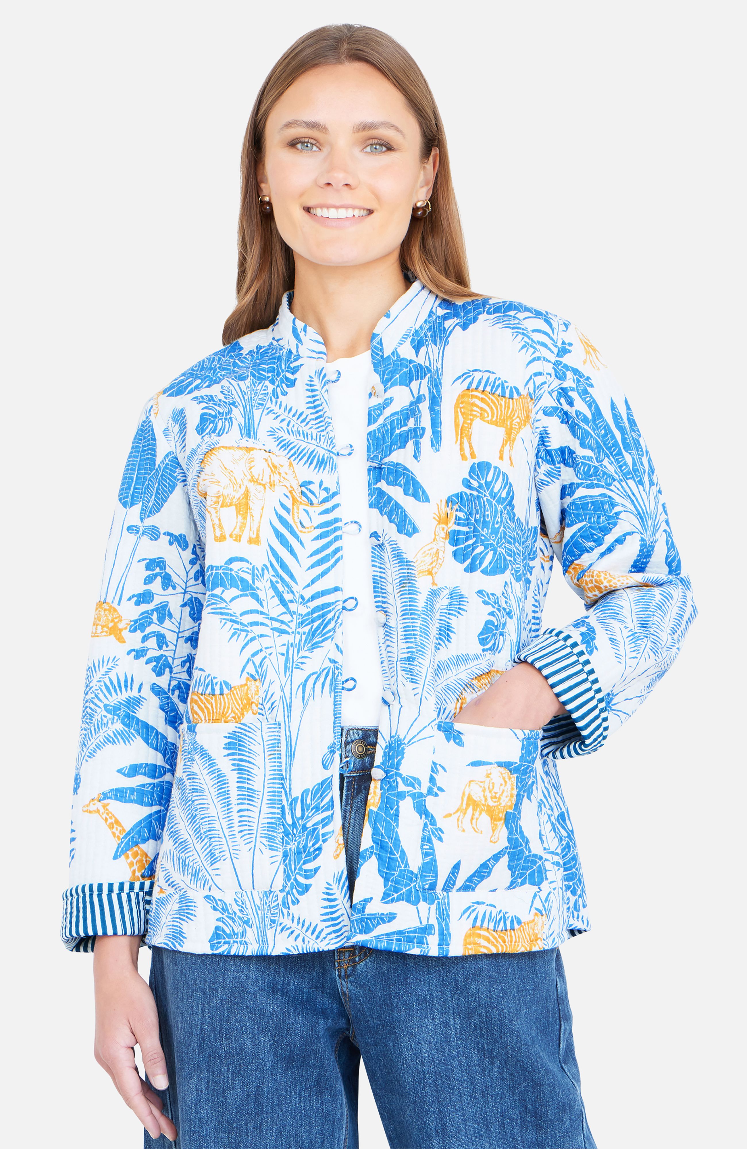 Yumi Women's Blue Jungle Reversible Cotton Quilted Jacket in Bright Blue