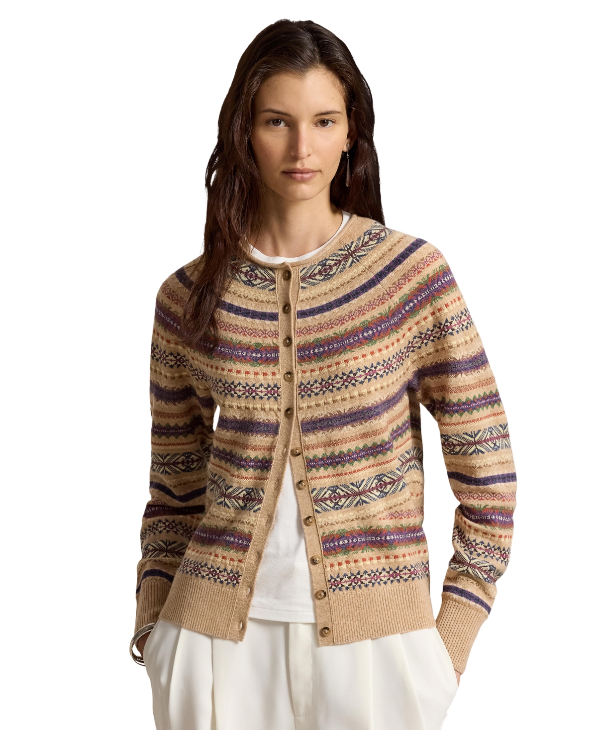 Women's Fair Isle Wool-Blend Slim Cardigan - Tan Multi