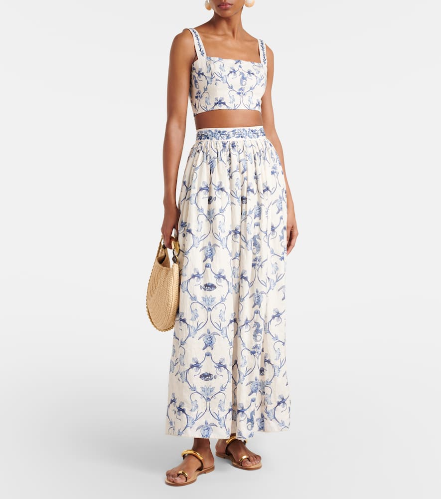 Printed high-rise linen maxi skirt