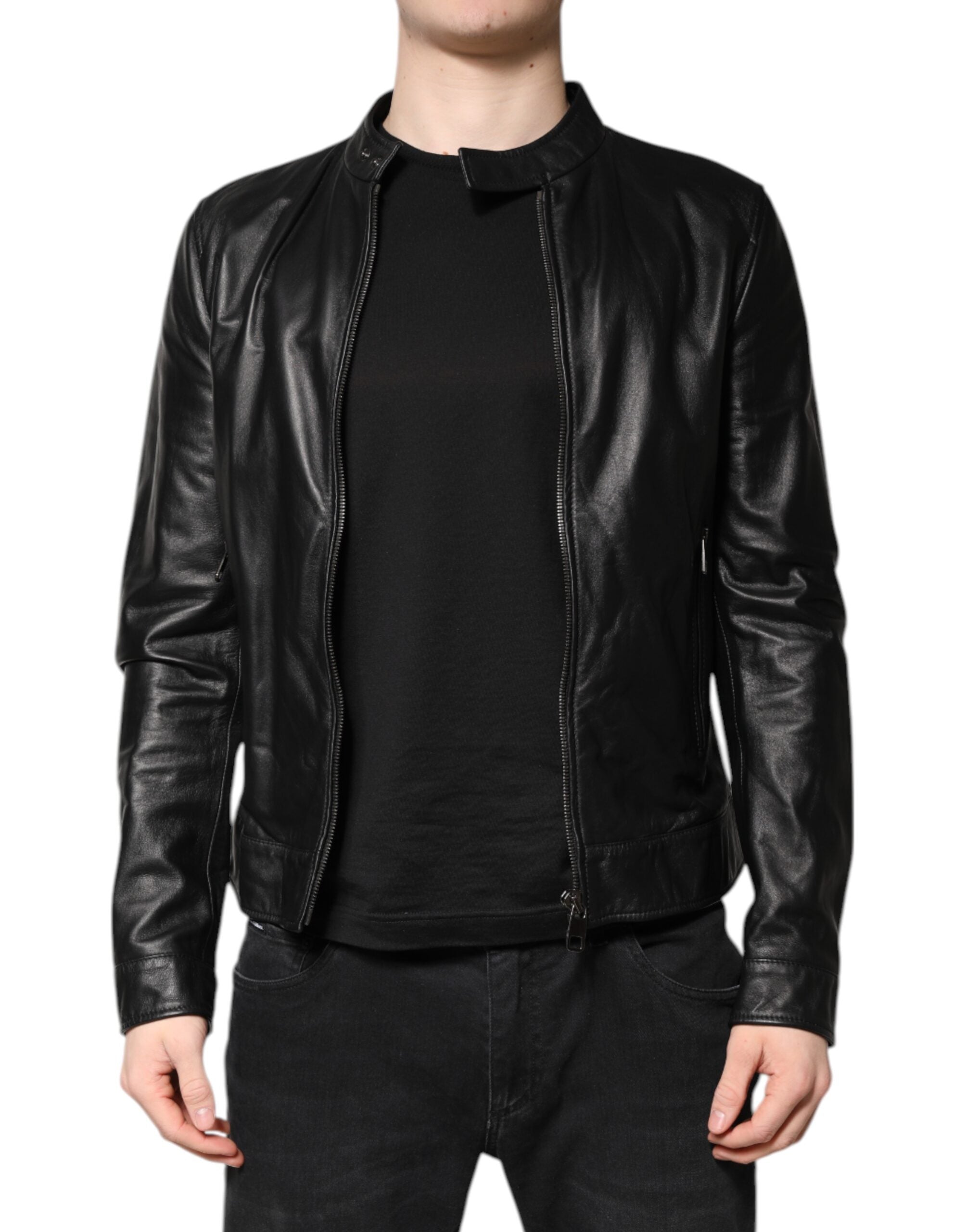 Lambskin Leather Biker Jacket — Black