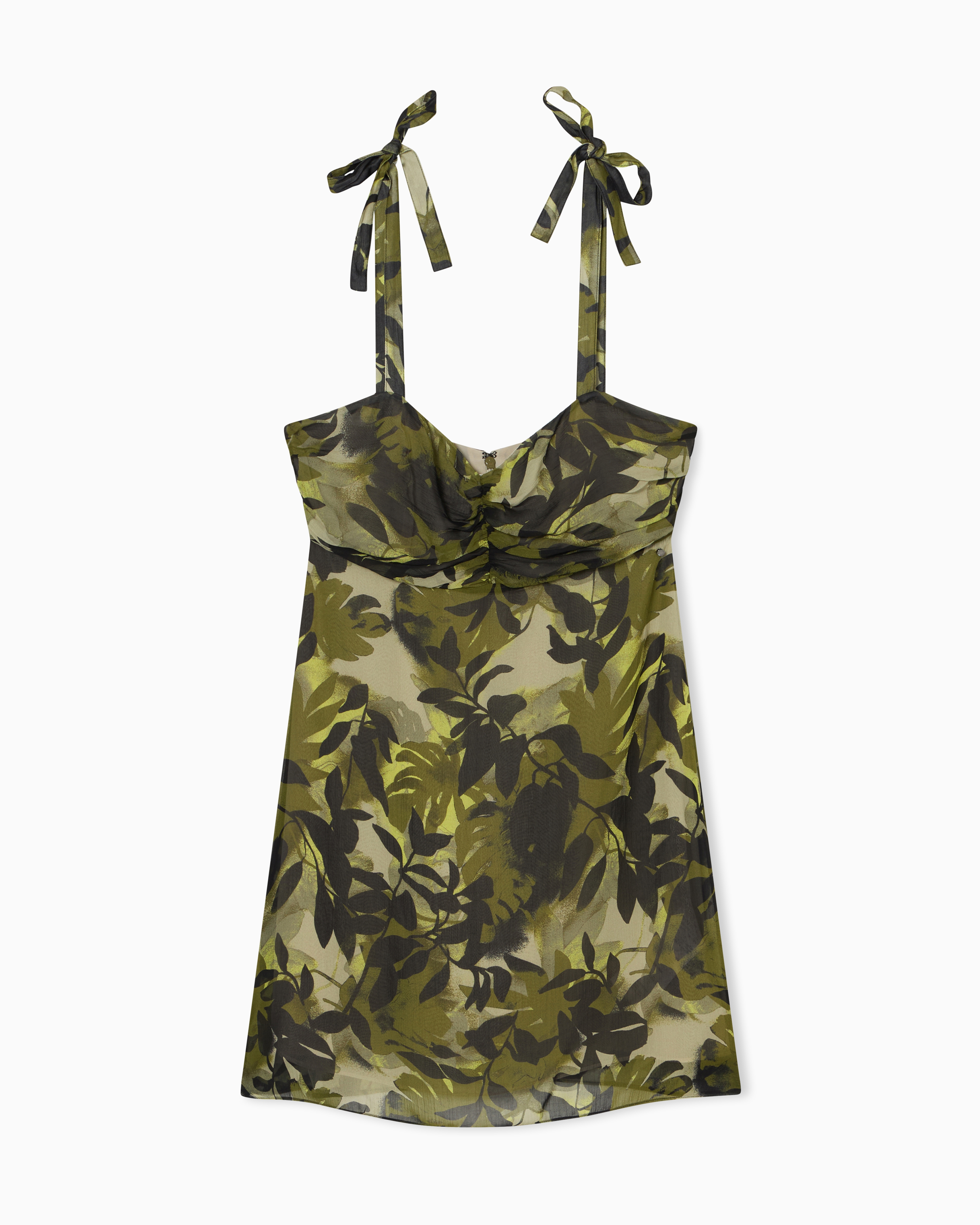 Short Dress with Ruffles in Crinkle Viscose and Print