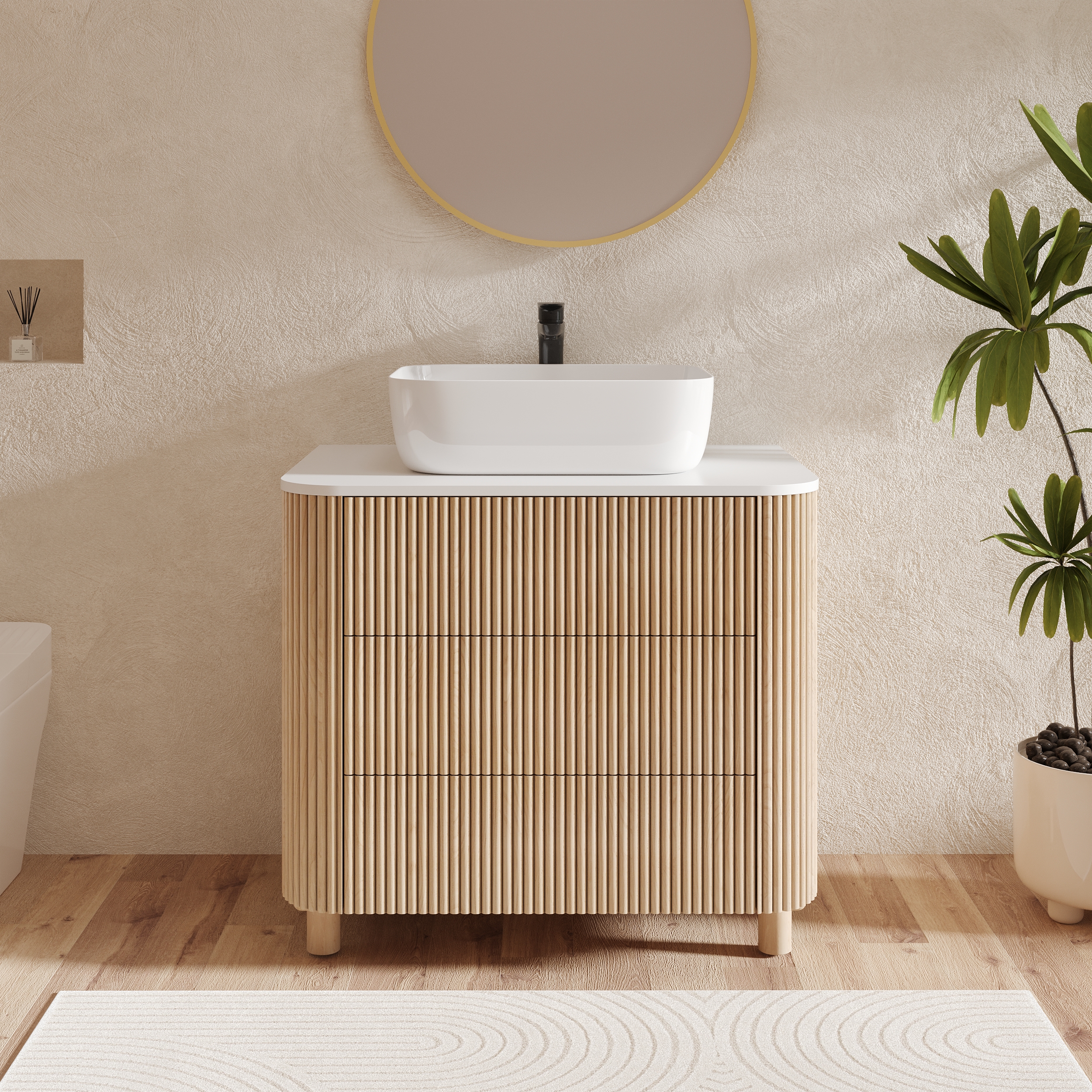 32" Fluted Freestanding Bathroom Vanity with Vessel Sink, 3-Drawers, Sintered Stone top