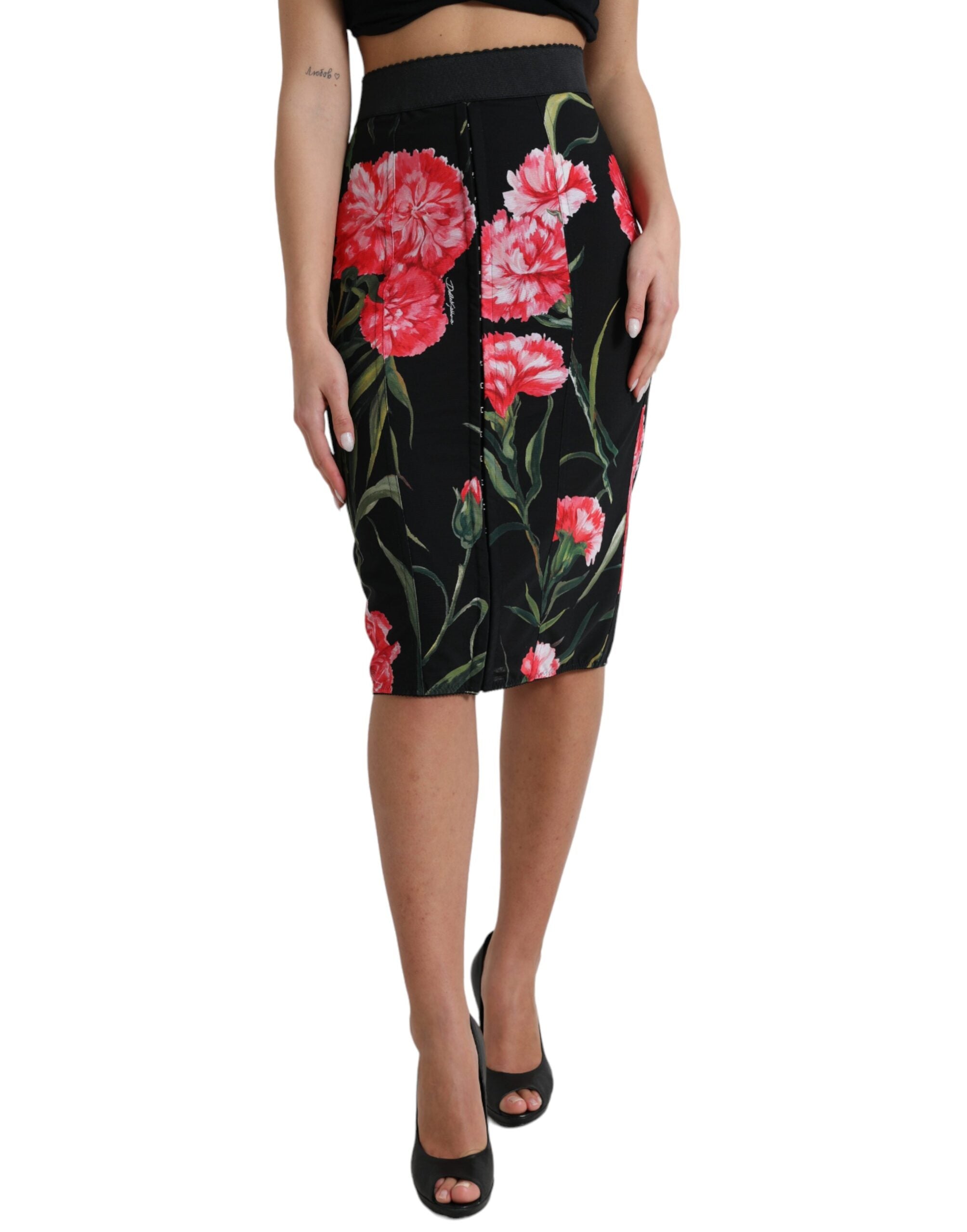 Carnation-Print Pencil Skirt — Black