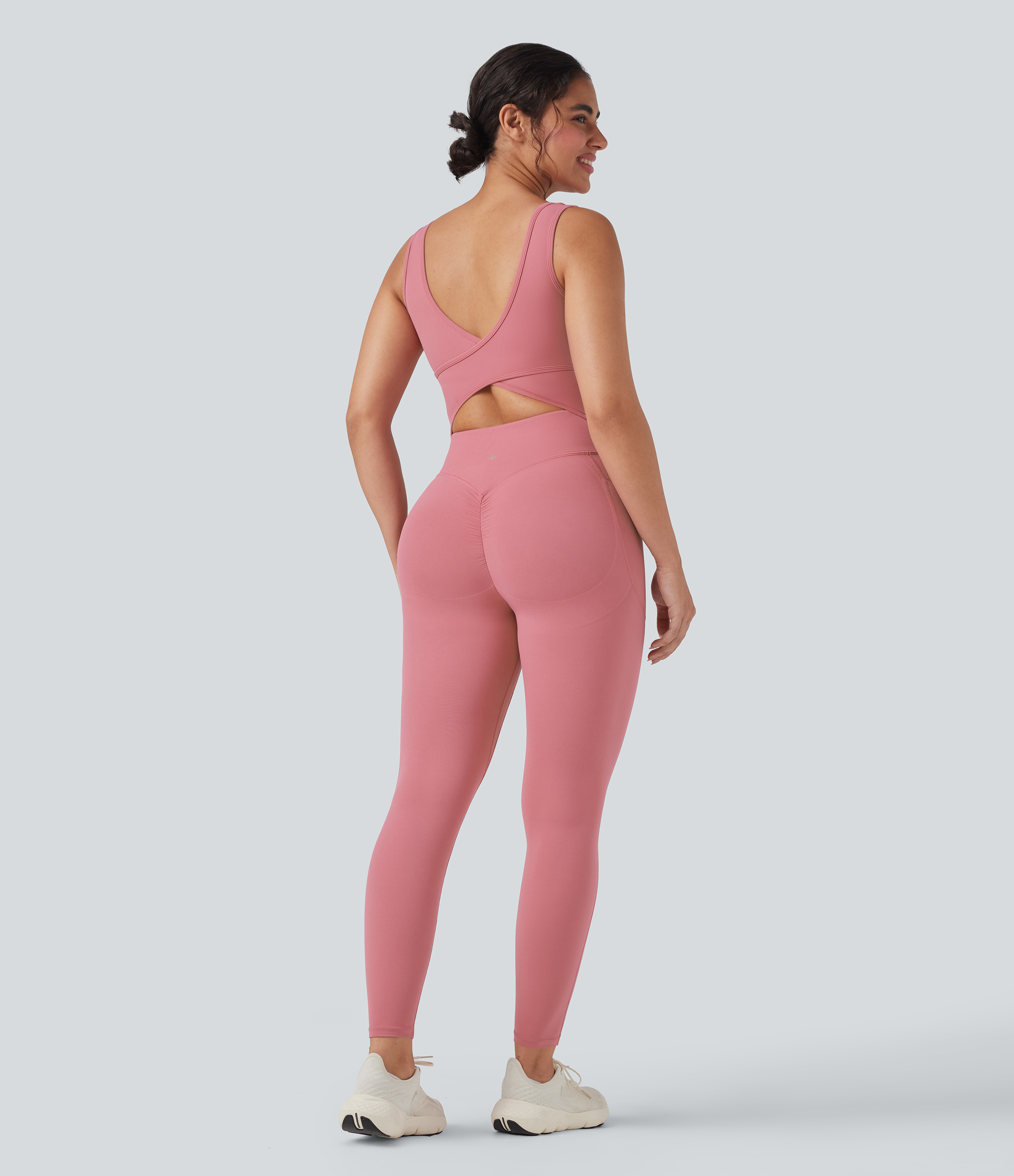 UltraSculpt™ V Neck Tummy Control Butt Lifting Workout Jumpsuit with Pockets Workout Dress - Rose Pink