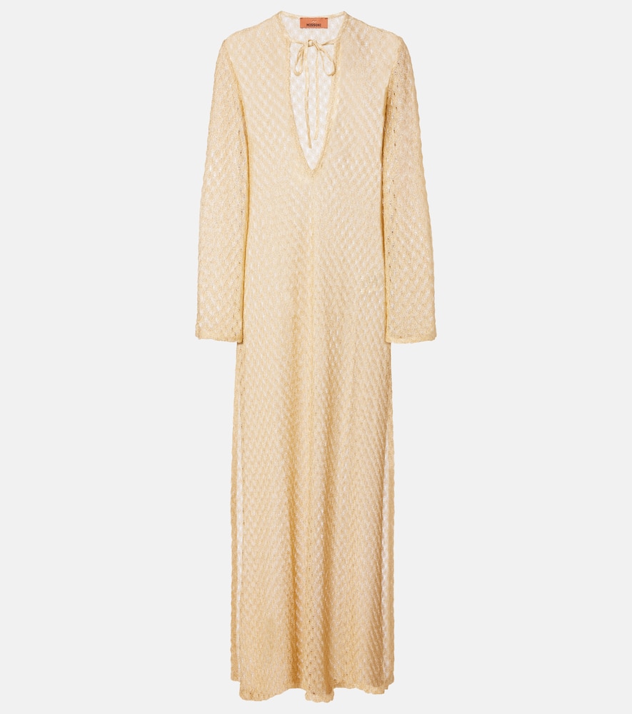 Open-knit tie-neck lamé kaftan