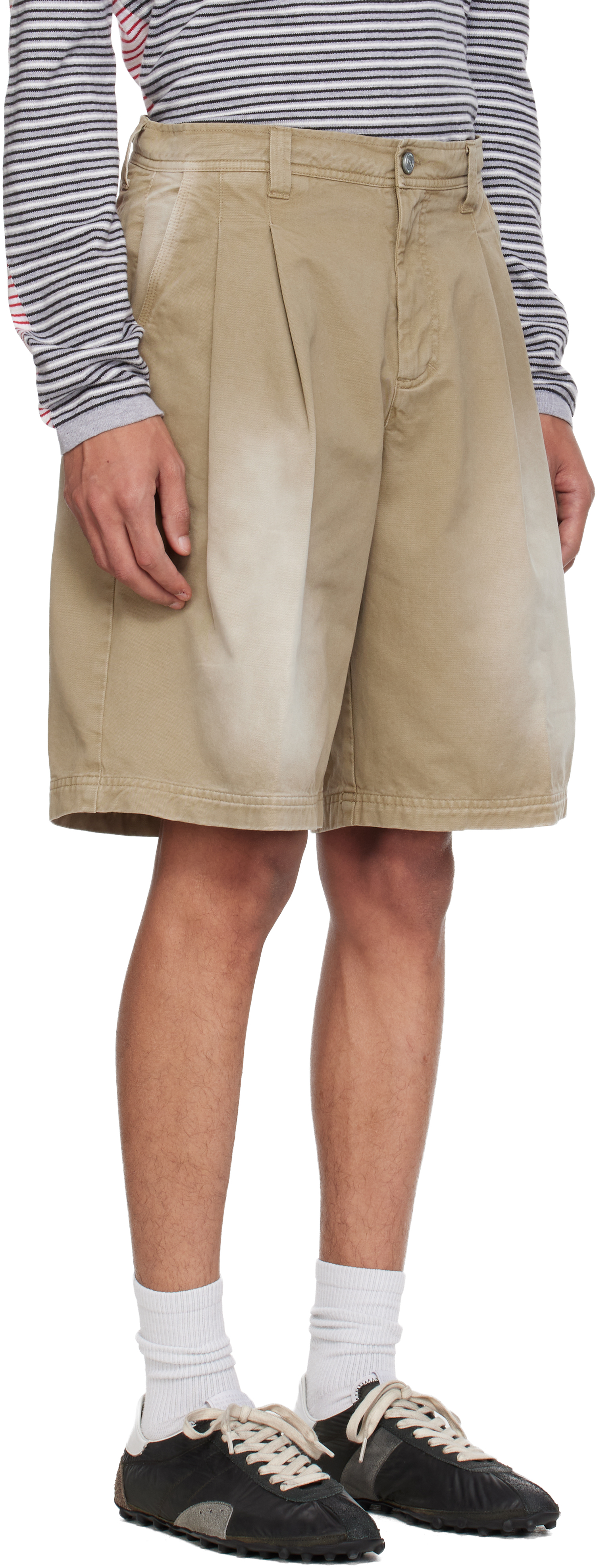 Beige Pleated Chino Woven Denim Shorts