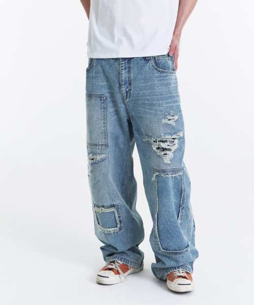 Square Patch Cut Wide Denim Pants