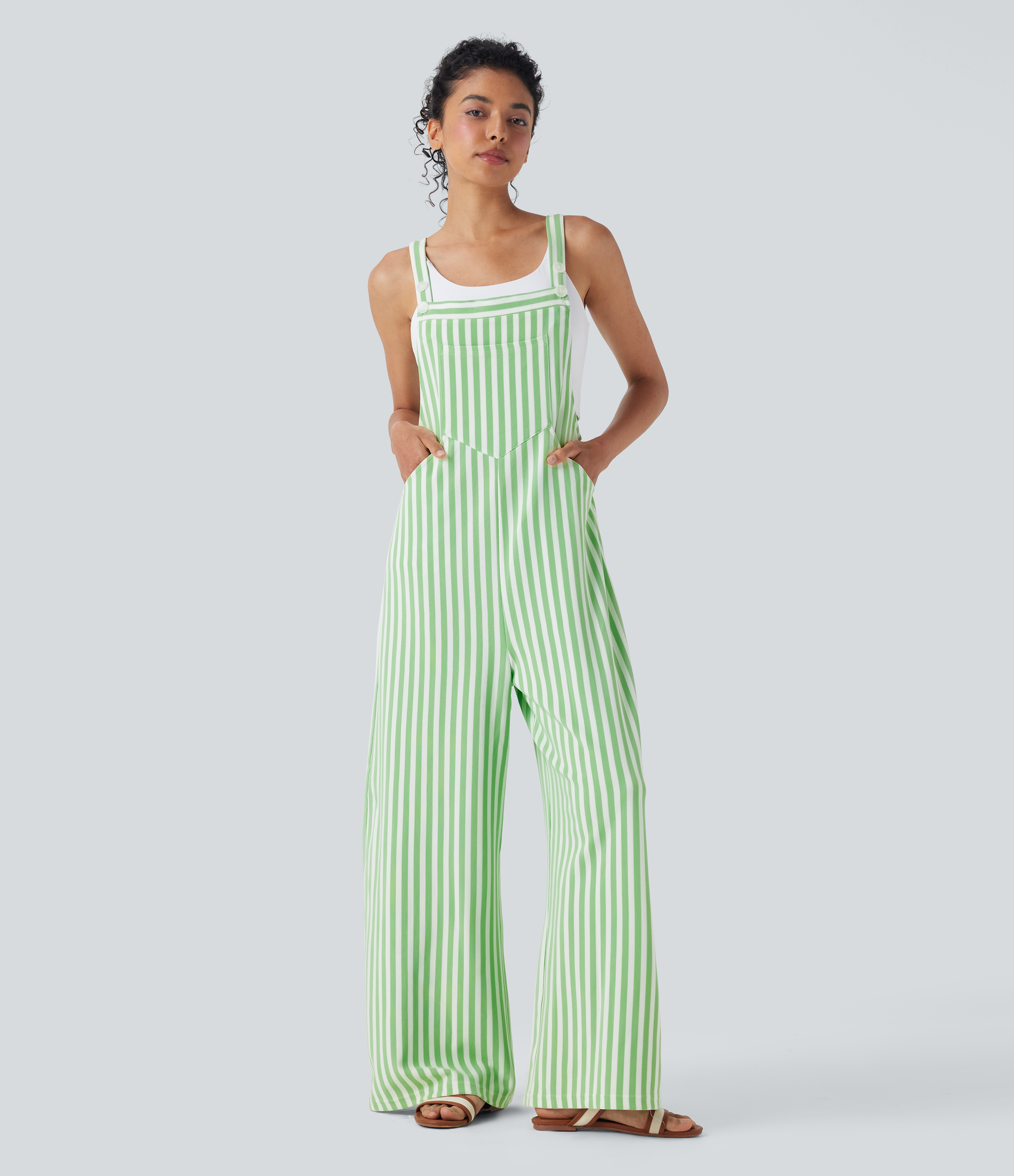 Pockets Stripe Waffle Overalls  - Green Stripe