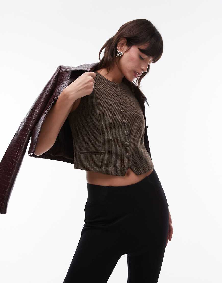 Herringbone check vest in brown-Multi