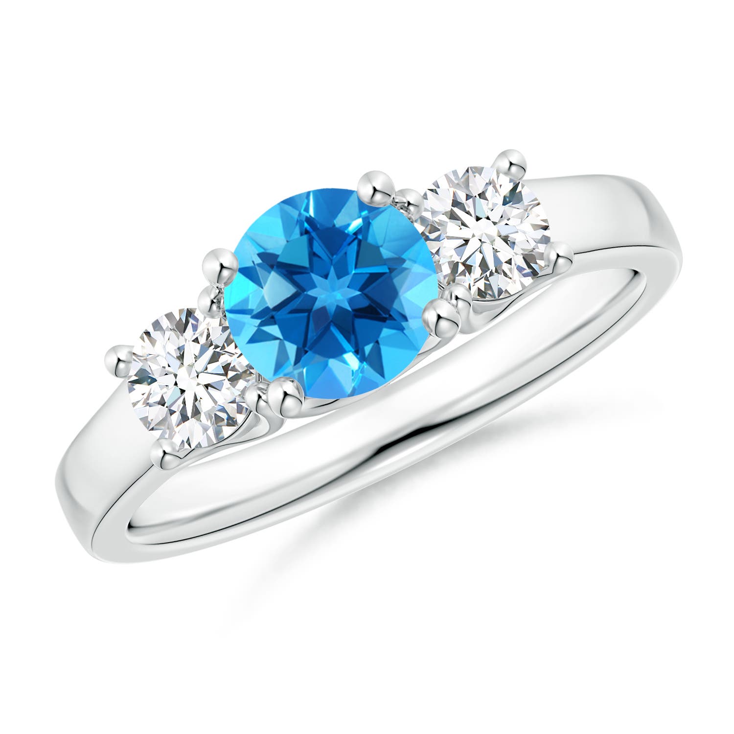 Angara 0.95 Carat Classic Round Swiss Blue Topaz and Diamond Three Stone Ring in Silver