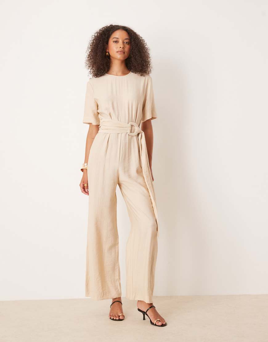 Belt detail jumpsuit in beige-Neutral