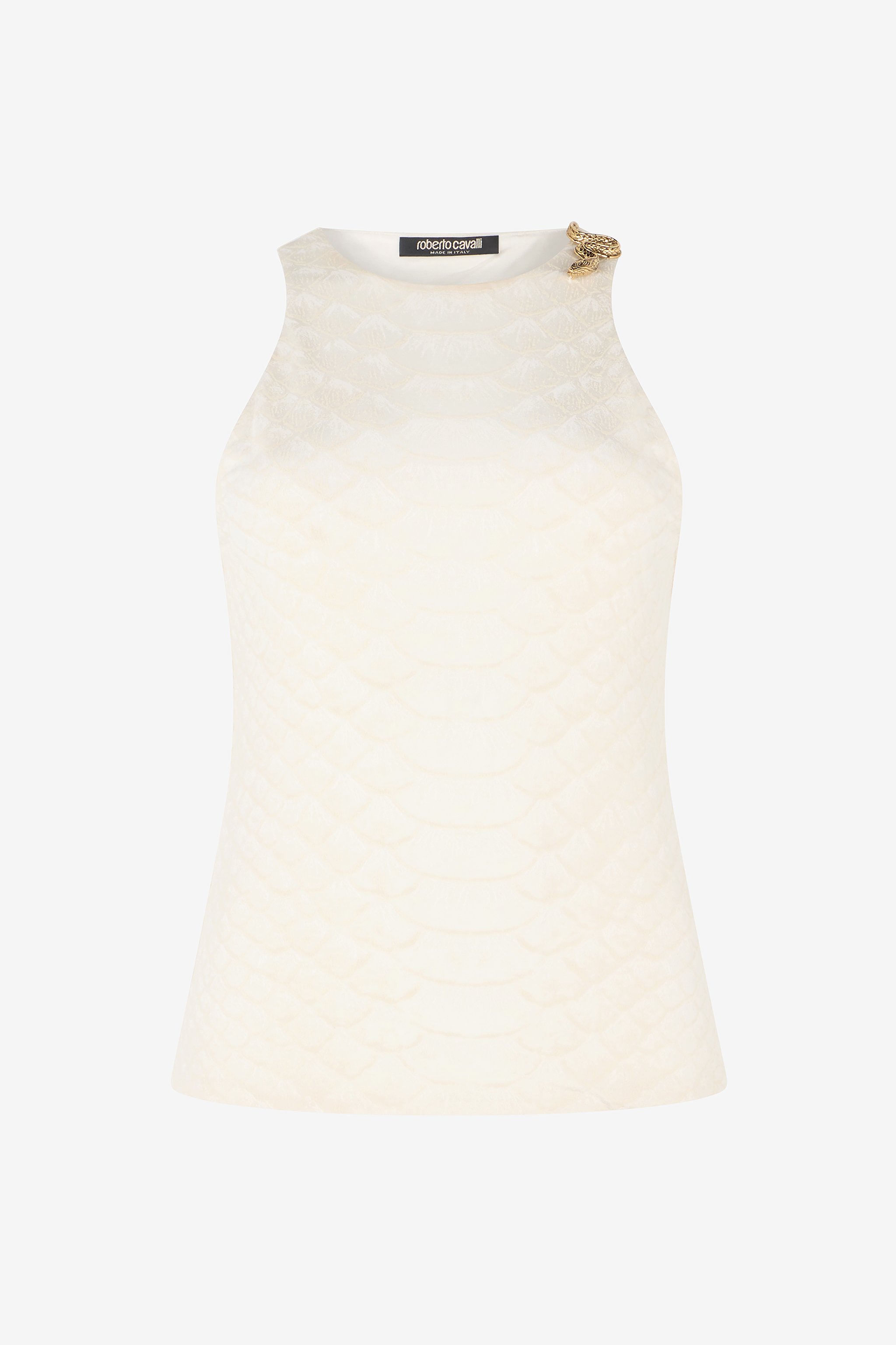 White Sleeveless Top With Snake And Scale Print