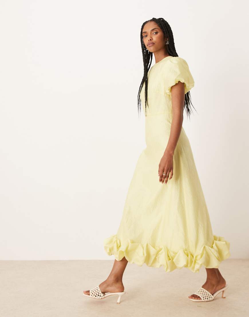 Puff sleeve bubble hem maxi dress in lemon yellow