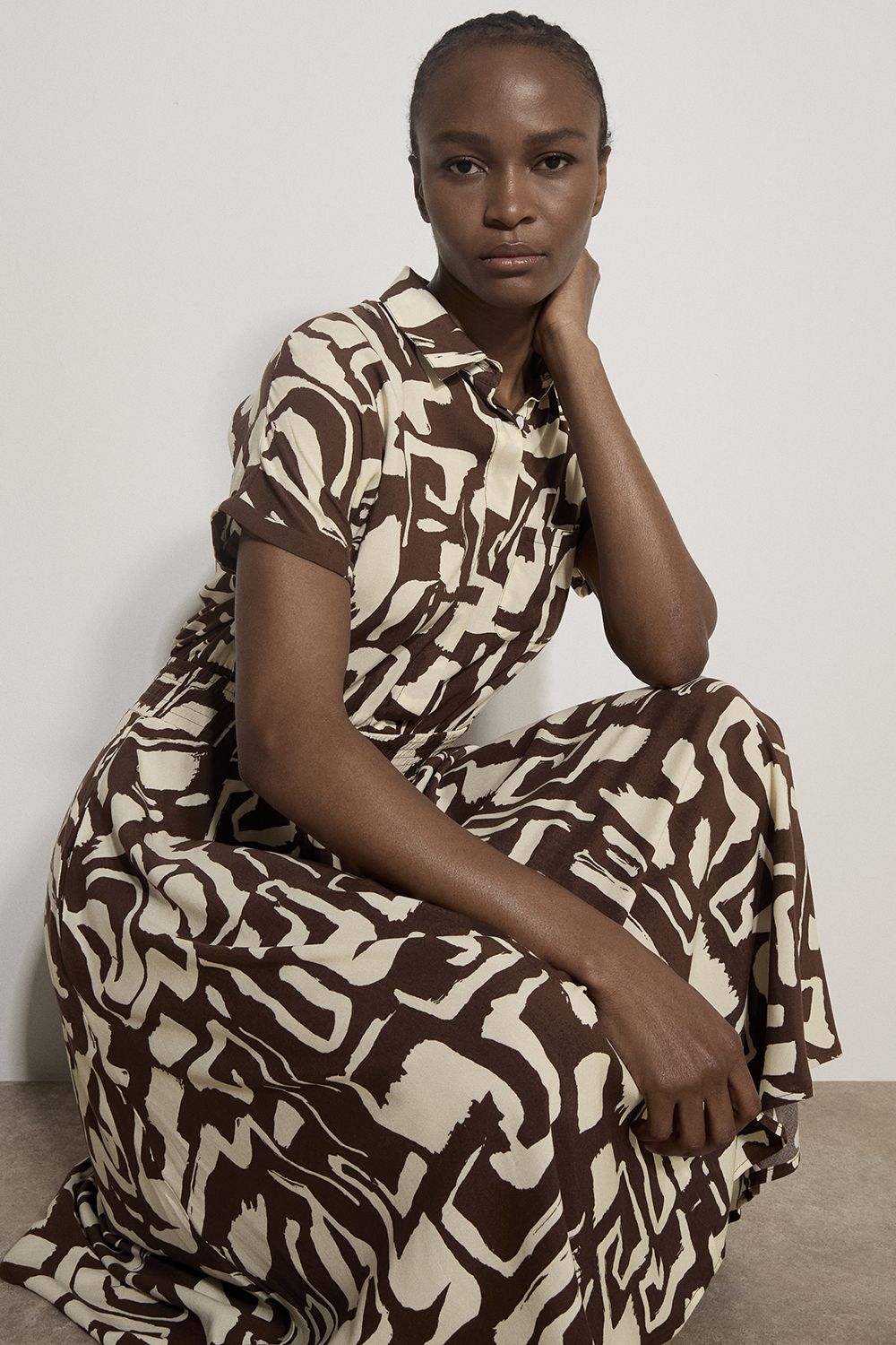 Apricot Women's Geo Grecian Shirt Midi Dress in Brown