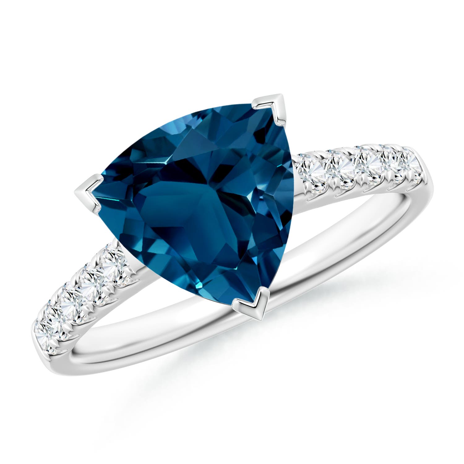 Angara 2.7 Carats V-Prong Set Trillion London Blue Topaz Ring with Diamonds in Platinum