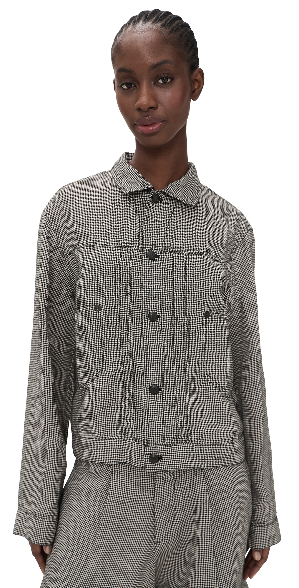 Relaxed Pleated Trucker Jacket Black And White Houndstooth