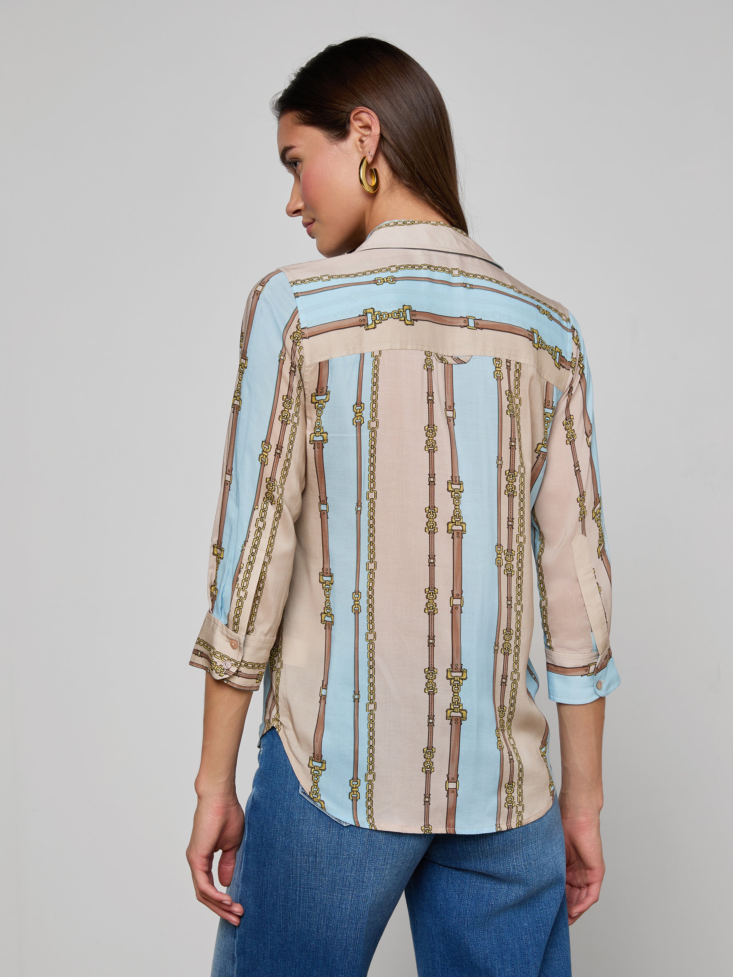 Camille Blouse Top In Taupe/light Sage Belt Stripe