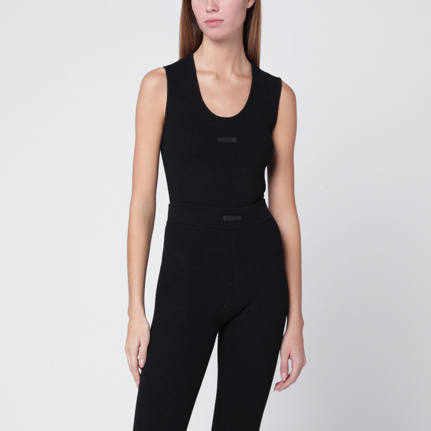 Black tank top in stretch Waffle fabric