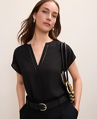 Ann Taylor Lace Trim Mixed Media Top