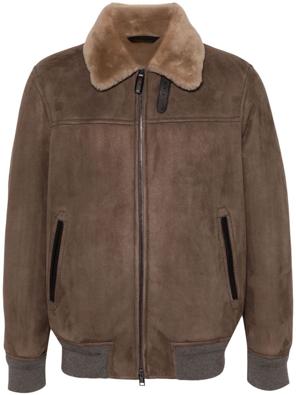 Shearling-collar leather jacket - Brown