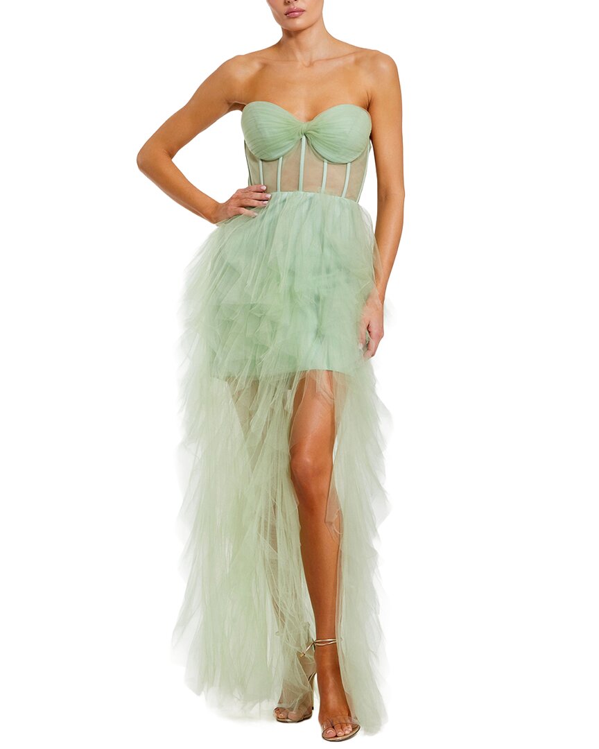 Strapless Bustier Net Gown With Spiral Ruffles