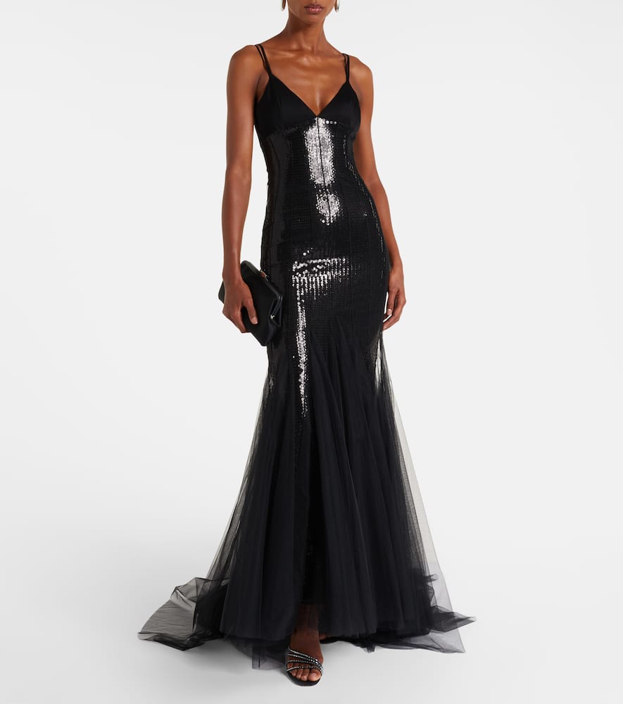 Sequined tulle and satin gown