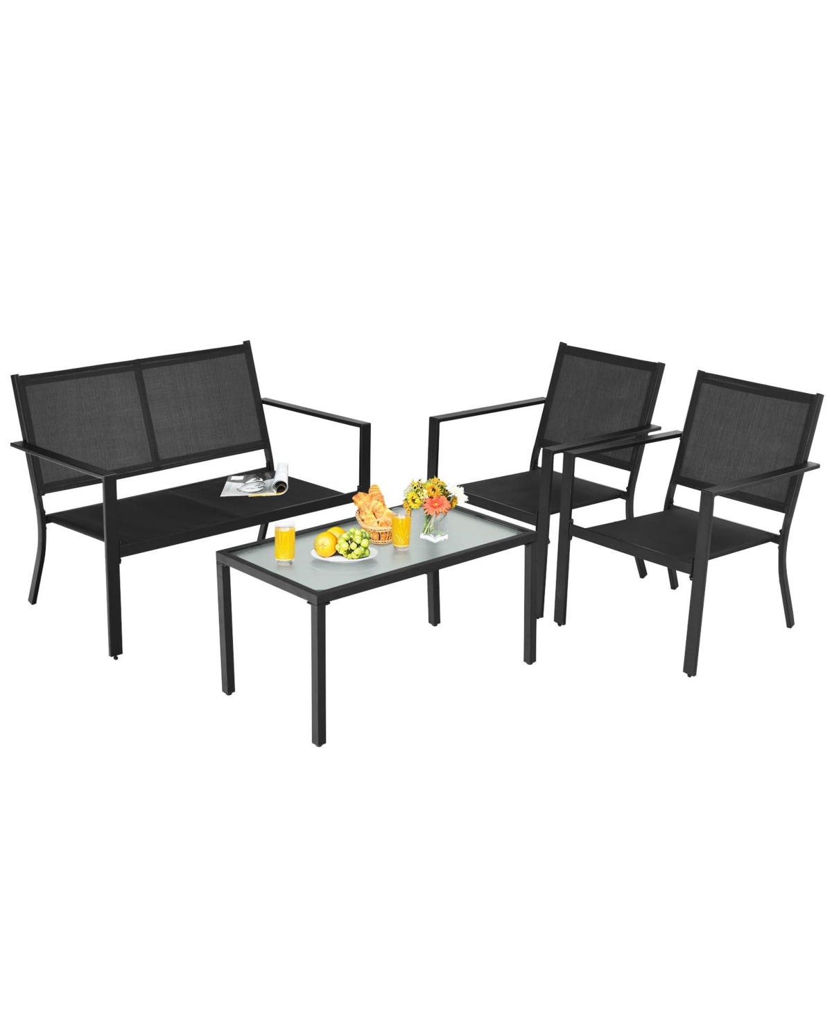 4 Pcs Patio Furniture Set Sofa Coffee Table Steel Frame Garden-Grey - Grey